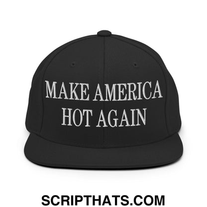 Black snapback cap with white embroidered make america hot again text and flat bill brim for casual wear