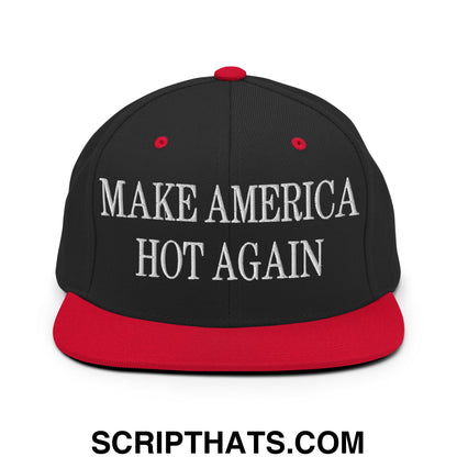 Black snapback hat with red brim and button featuring white embroidered make america hot again text