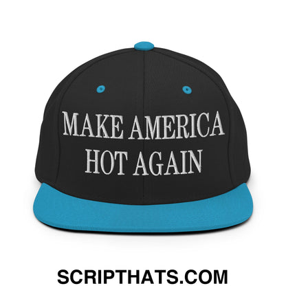 Black snapback cap with bright blue brim and button featuring white embroidered make america hot again text