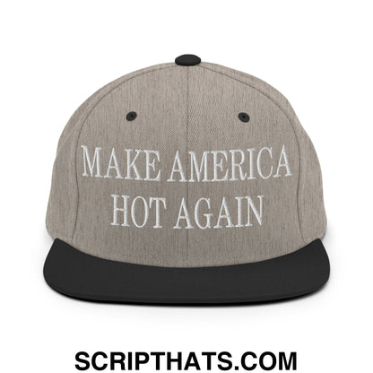 Gray snapback hat with black brim and embroidered white text make america hot again flat bill brim style