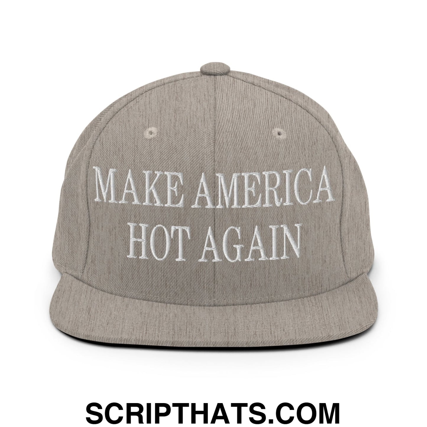 Gray snapback cap with white embroidered make america hot again text featuring a flat bill brim design
