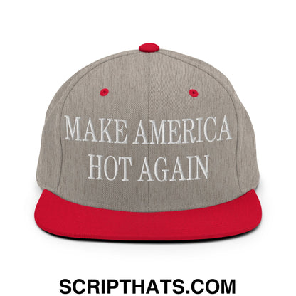 Gray snapback hat with red brim and button featuring white embroidered text make america hot again flat bill design