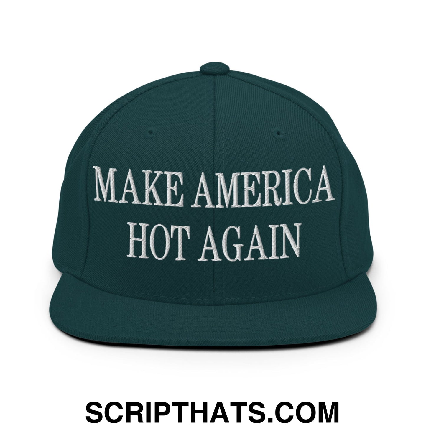 Dark green snapback cap with white embroidered text make america hot again flat bill brim for casual wear