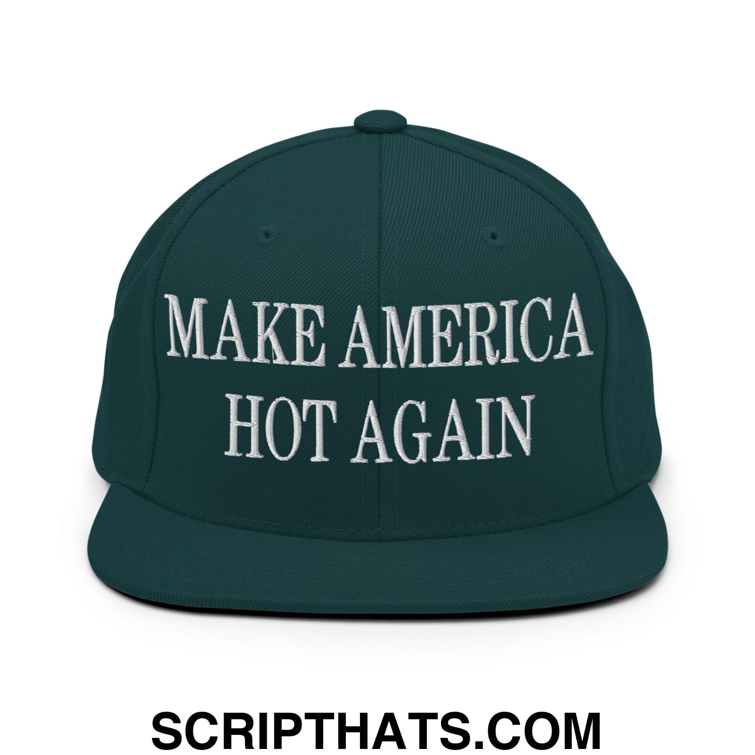 Dark green snapback cap with white embroidered text make america hot again flat bill brim for casual wear