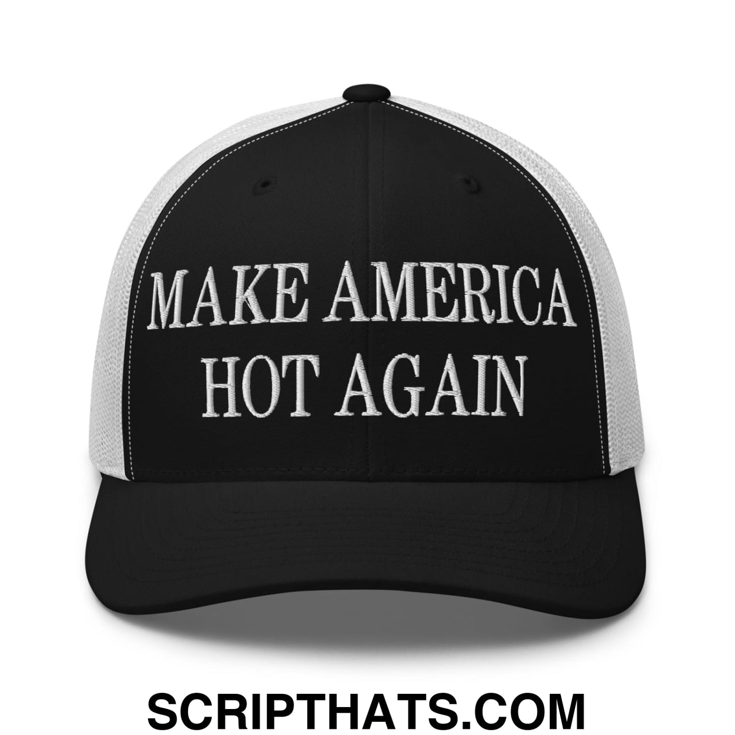 Black and white mesh trucker hat with make america hot again embroidered in bold raised white thread on front