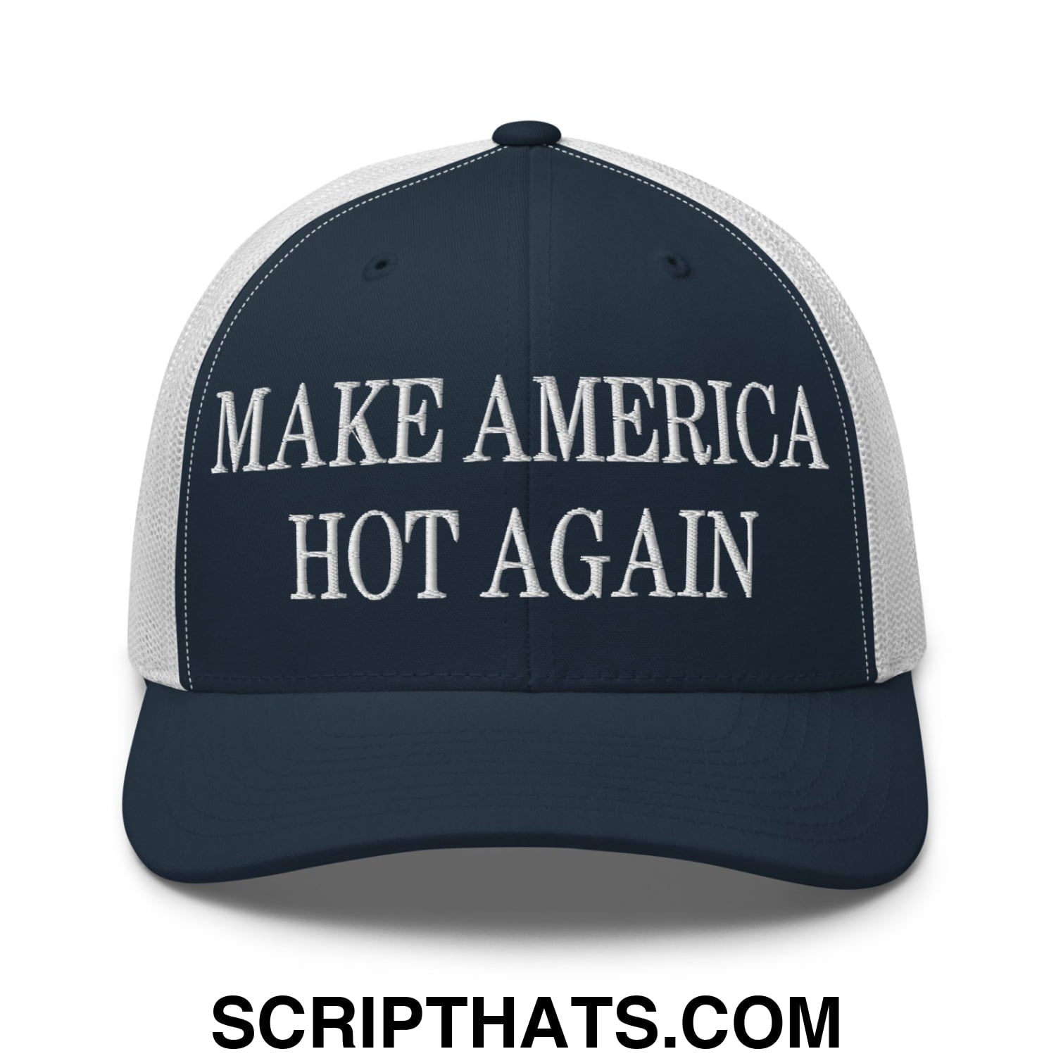 Dark navy blue and white mesh trucker hat with embroidered make america hot again text in bold capital letters