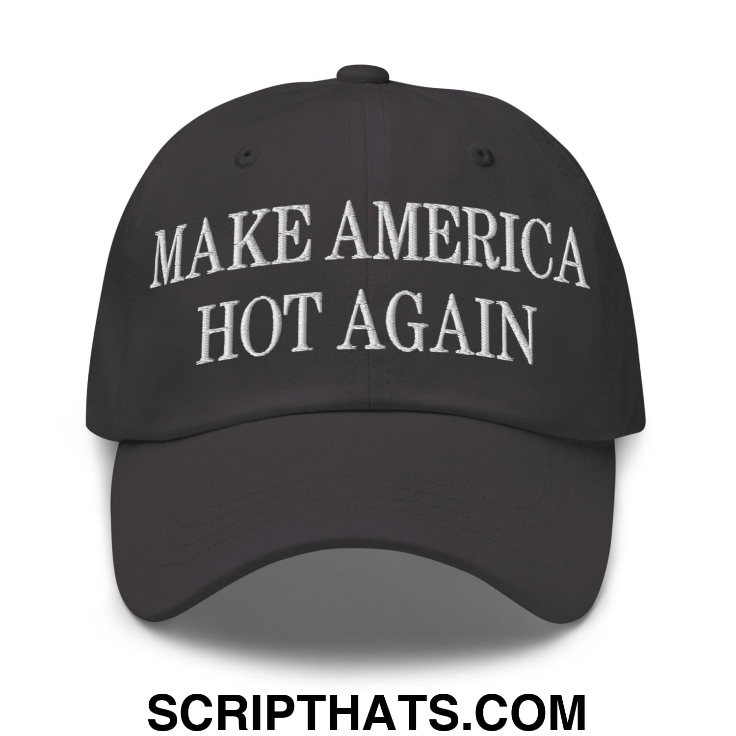 Black embroidered unstructured dad hat baseball cap with white make america hot again text for casual wear