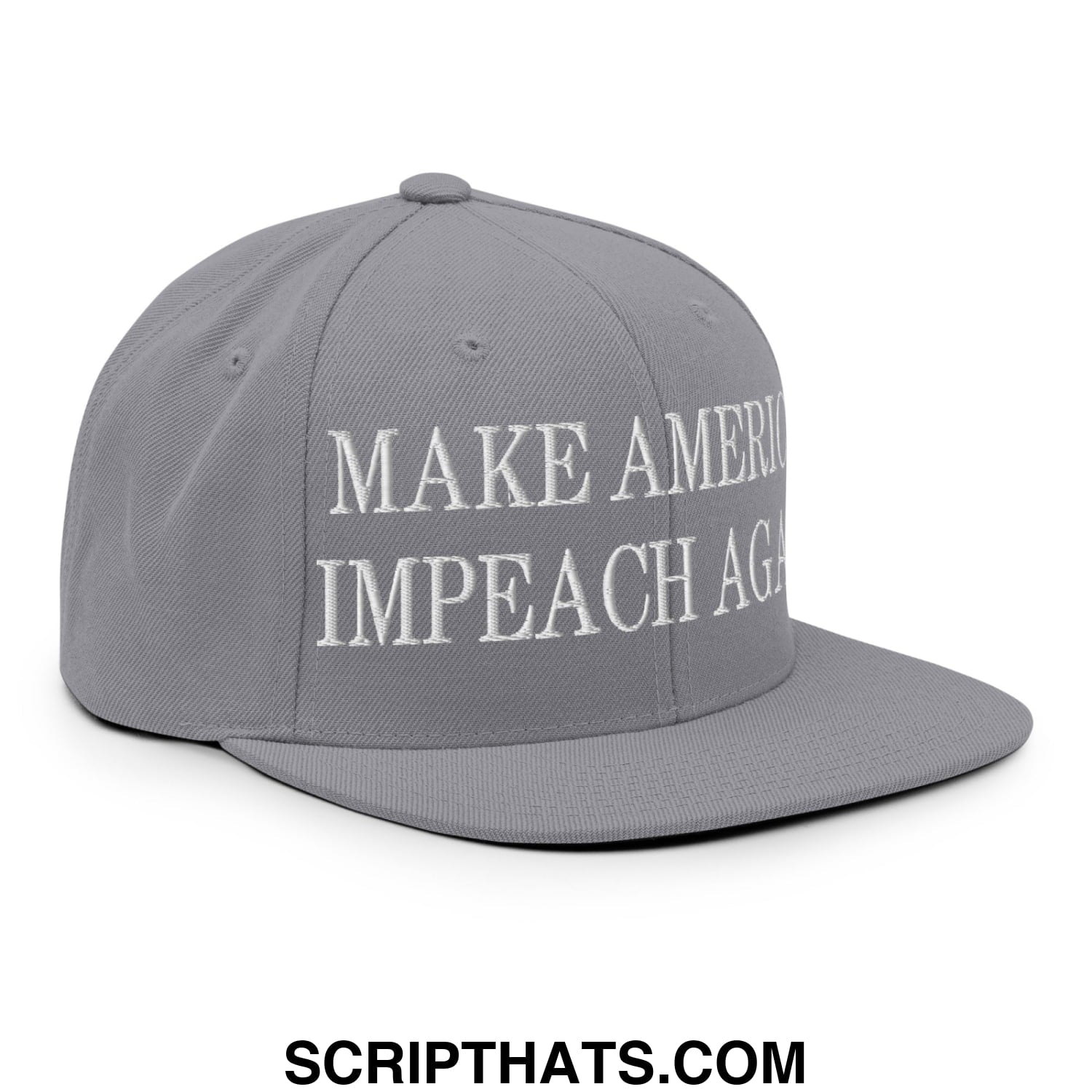 Gray snapback cap with white embroidered text reading make America impeach again flat bill brim design
