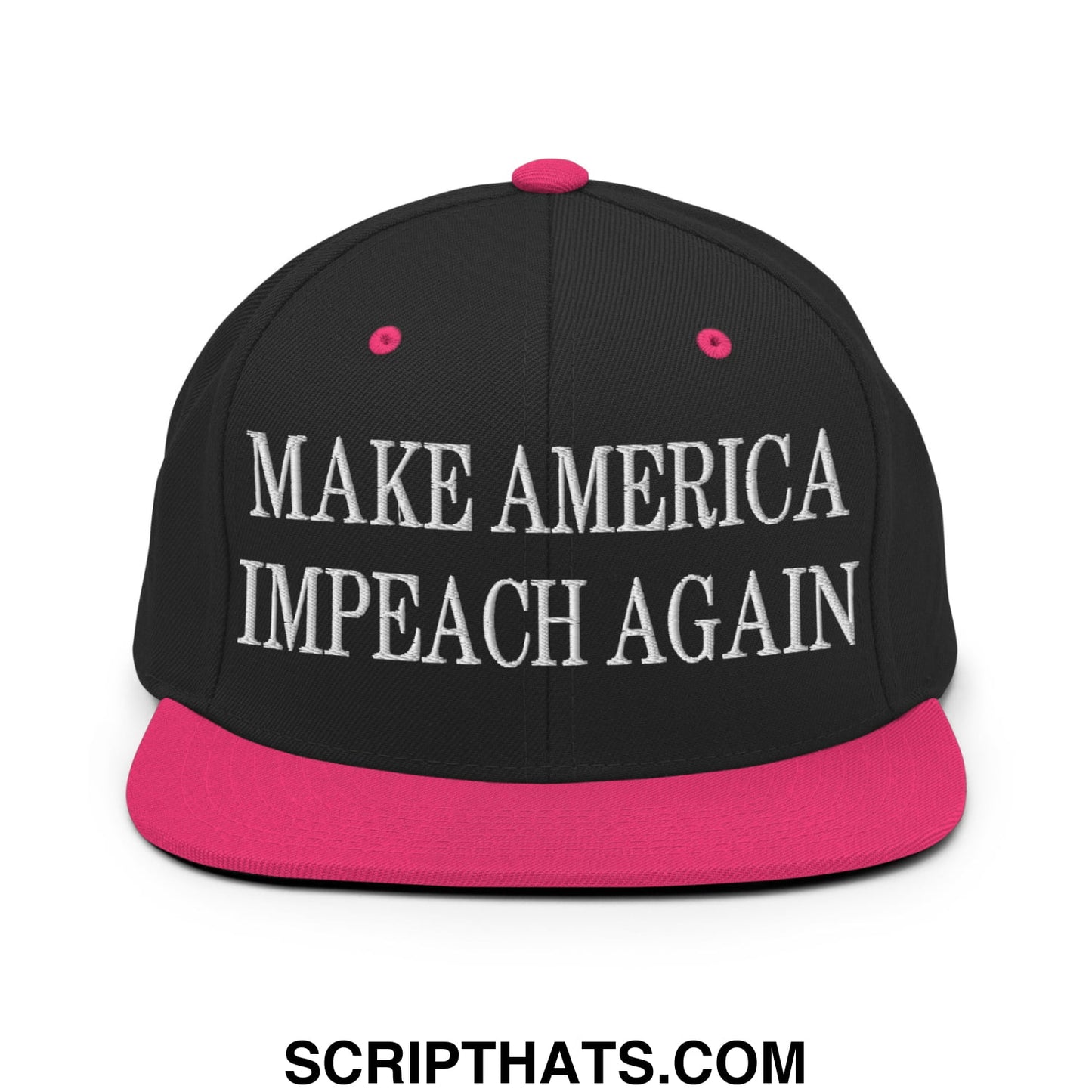 Black snapback cap with vibrant pink brim and button featuring white embroidered make america impeach again text