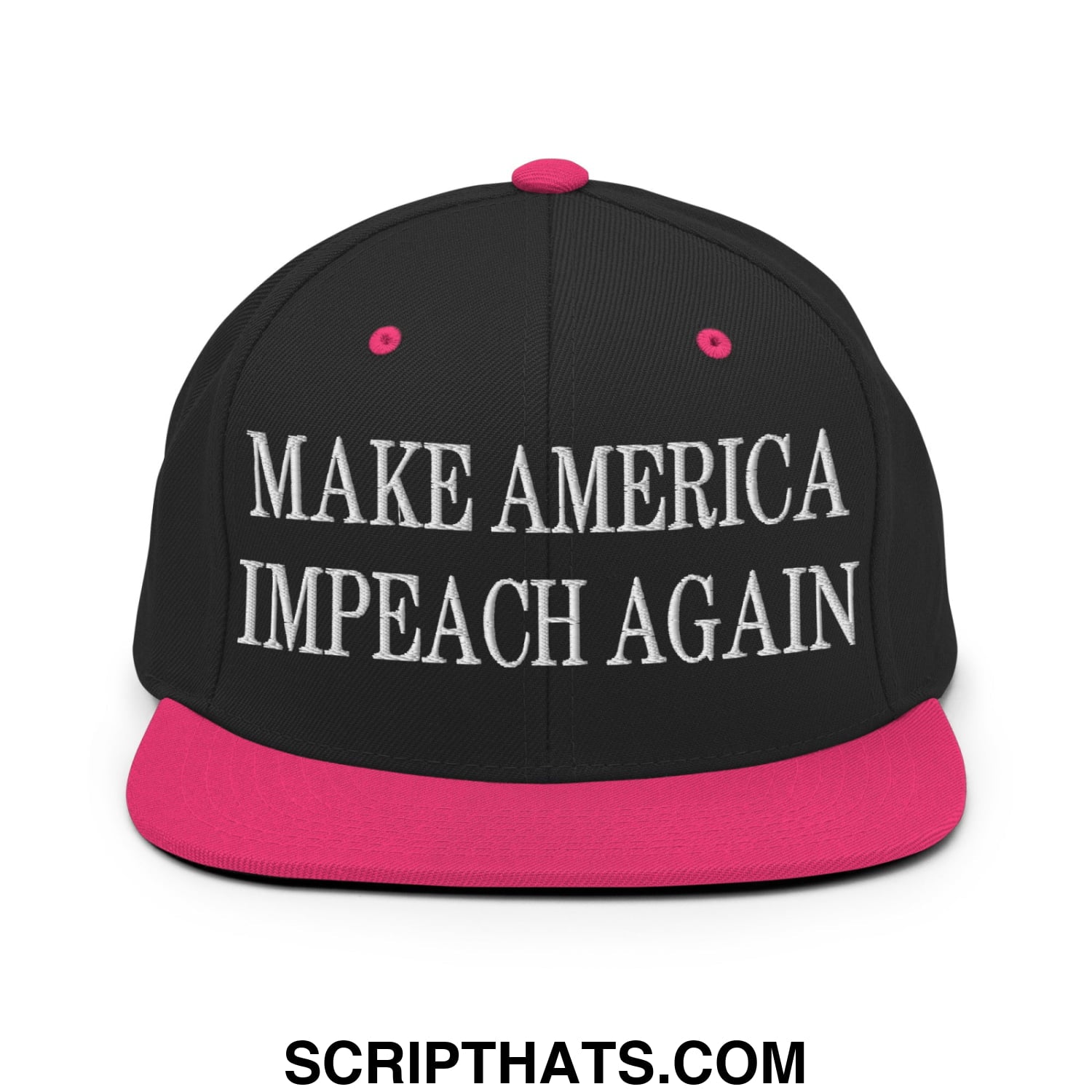 Black snapback cap with vibrant pink brim and button featuring white embroidered make america impeach again text