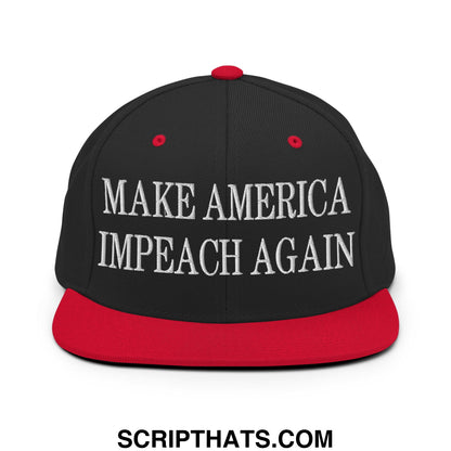 Black and red snapback hat with white embroidered make america impeach again text and flat bill brim design