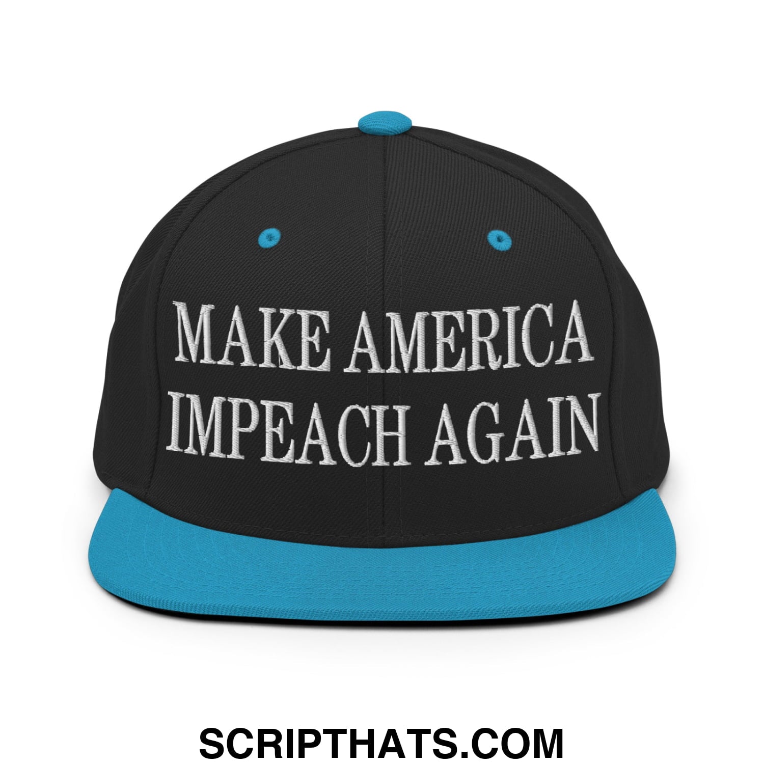 Black snapback cap with teal brim and button featuring white embroidered make america impeach again text