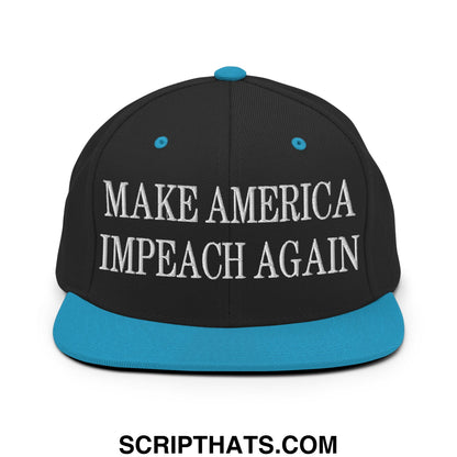 Black snapback cap with teal brim and button featuring white embroidered make america impeach again text