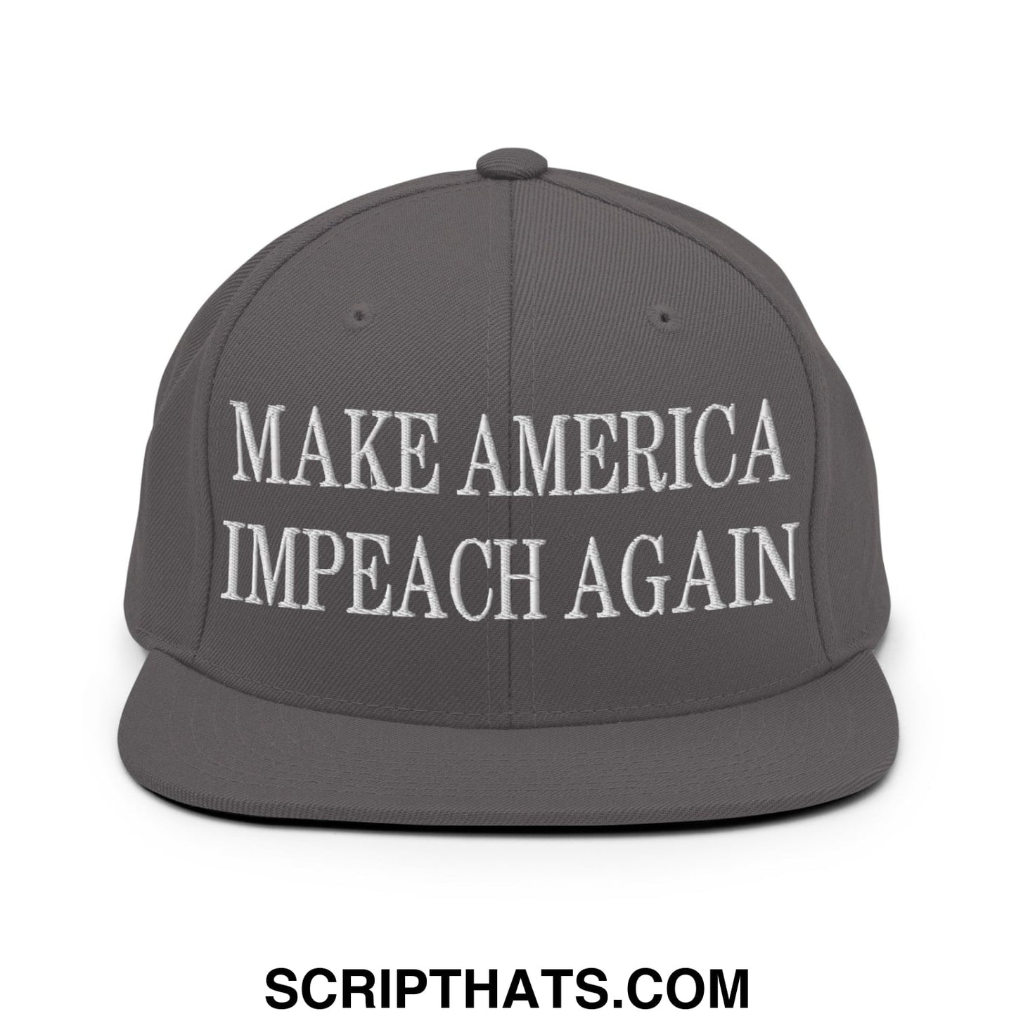 Gray snapback hat with white embroidered make america impeach again text and flat bill brim for casual wear