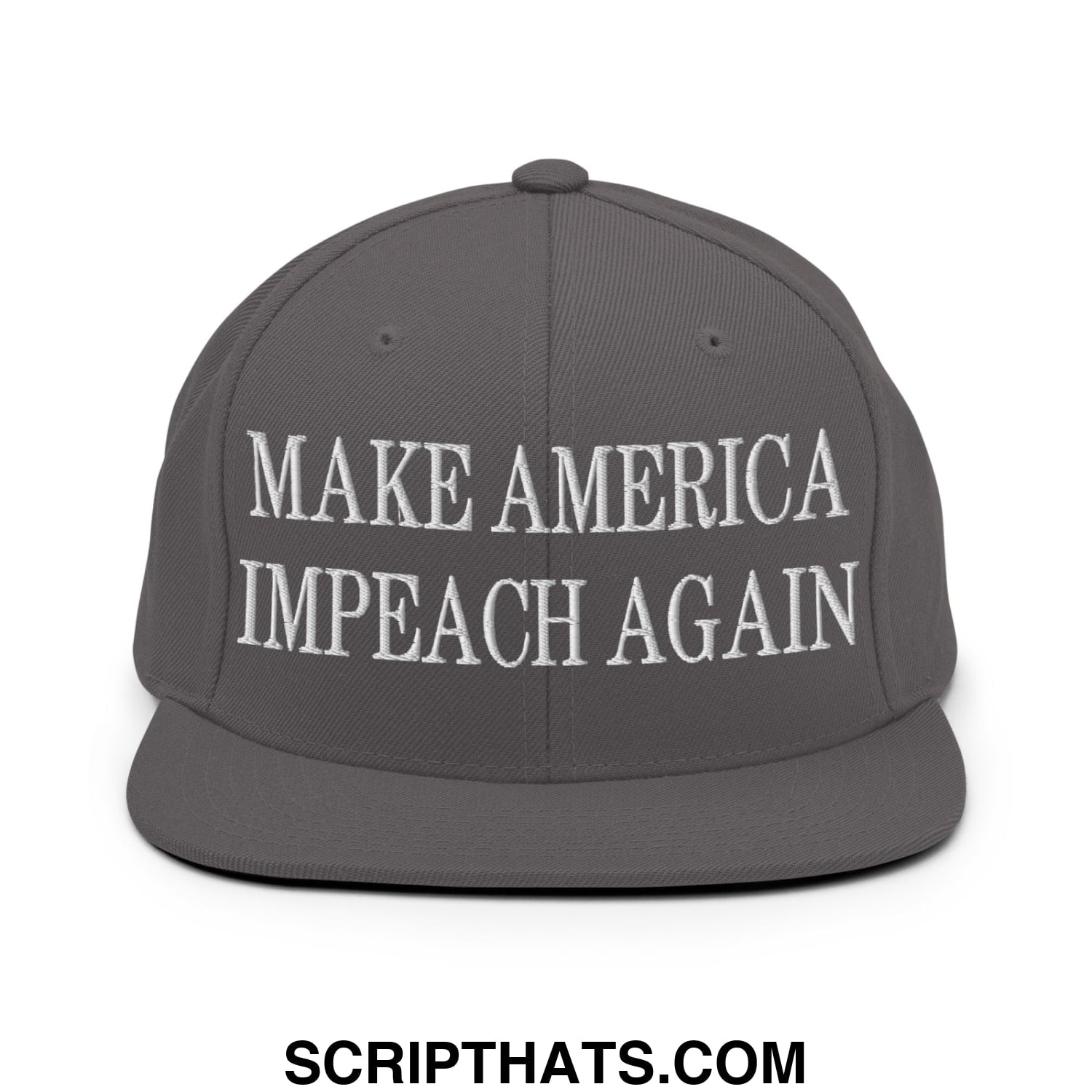 Gray snapback hat with white embroidered make america impeach again text and flat bill brim for casual wear