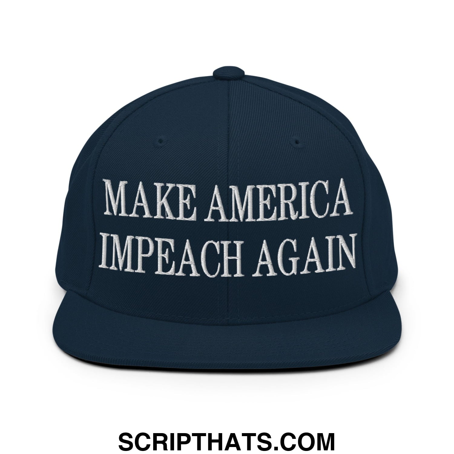 Navy blue snapback hat with white embroidered make america impeach again text and flat bill brim design