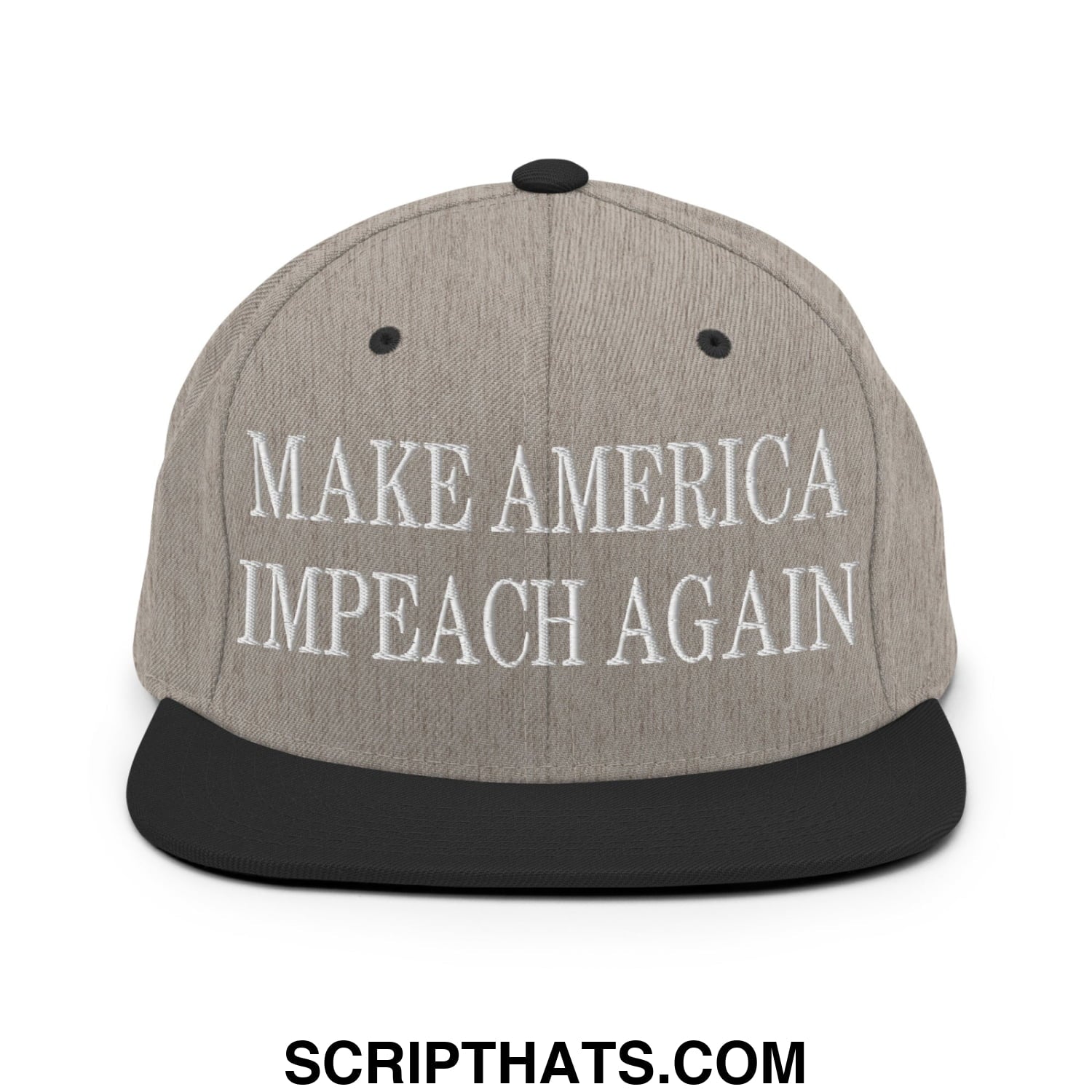 Gray snapback cap with black flat bill brim and embroidered white text make america impeach again