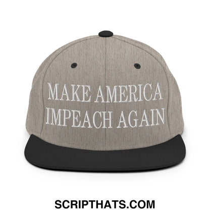 Gray snapback cap with black flat bill brim and embroidered white text make america impeach again