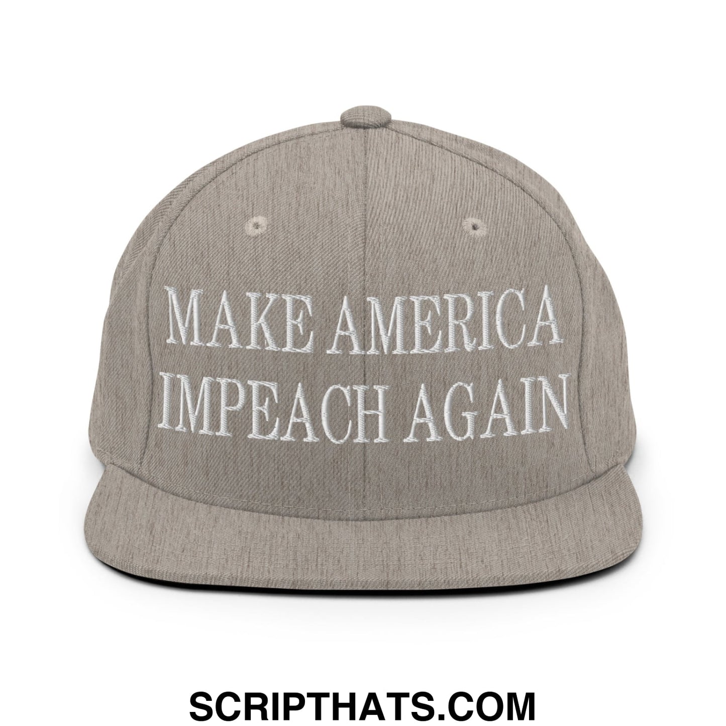 Gray snapback cap with white embroidered make america impeach again text and flat bill brim for casual wear