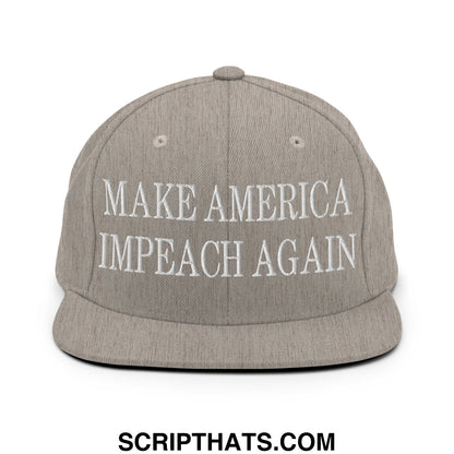 Gray snapback cap with white embroidered make america impeach again text and flat bill brim for casual wear