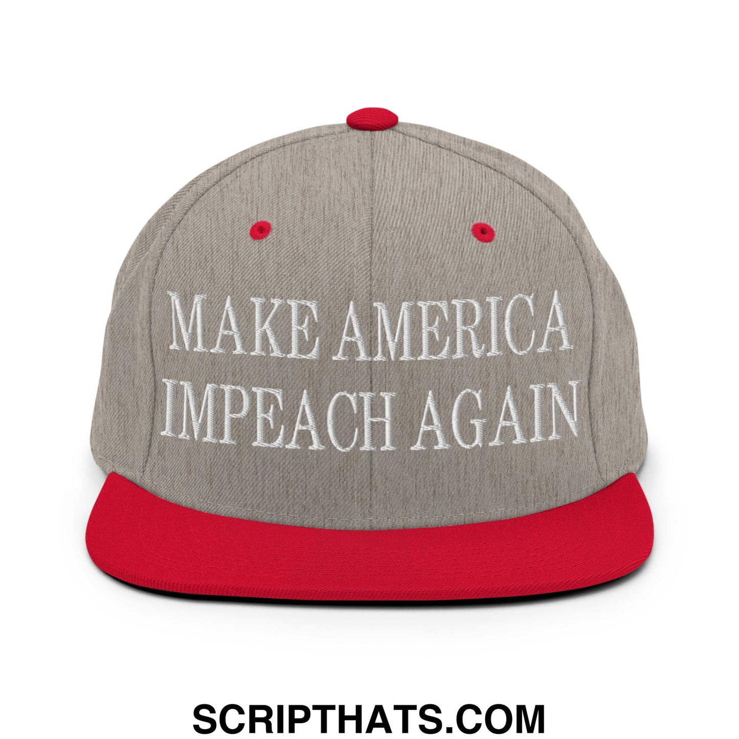 Gray snapback cap with red brim and button featuring white embroidered text make america impeach again