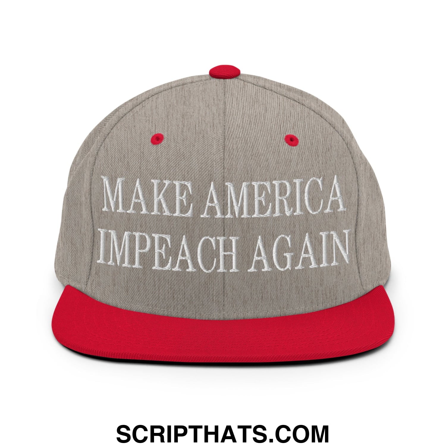 Gray snapback cap with red brim and button featuring white embroidered text make america impeach again