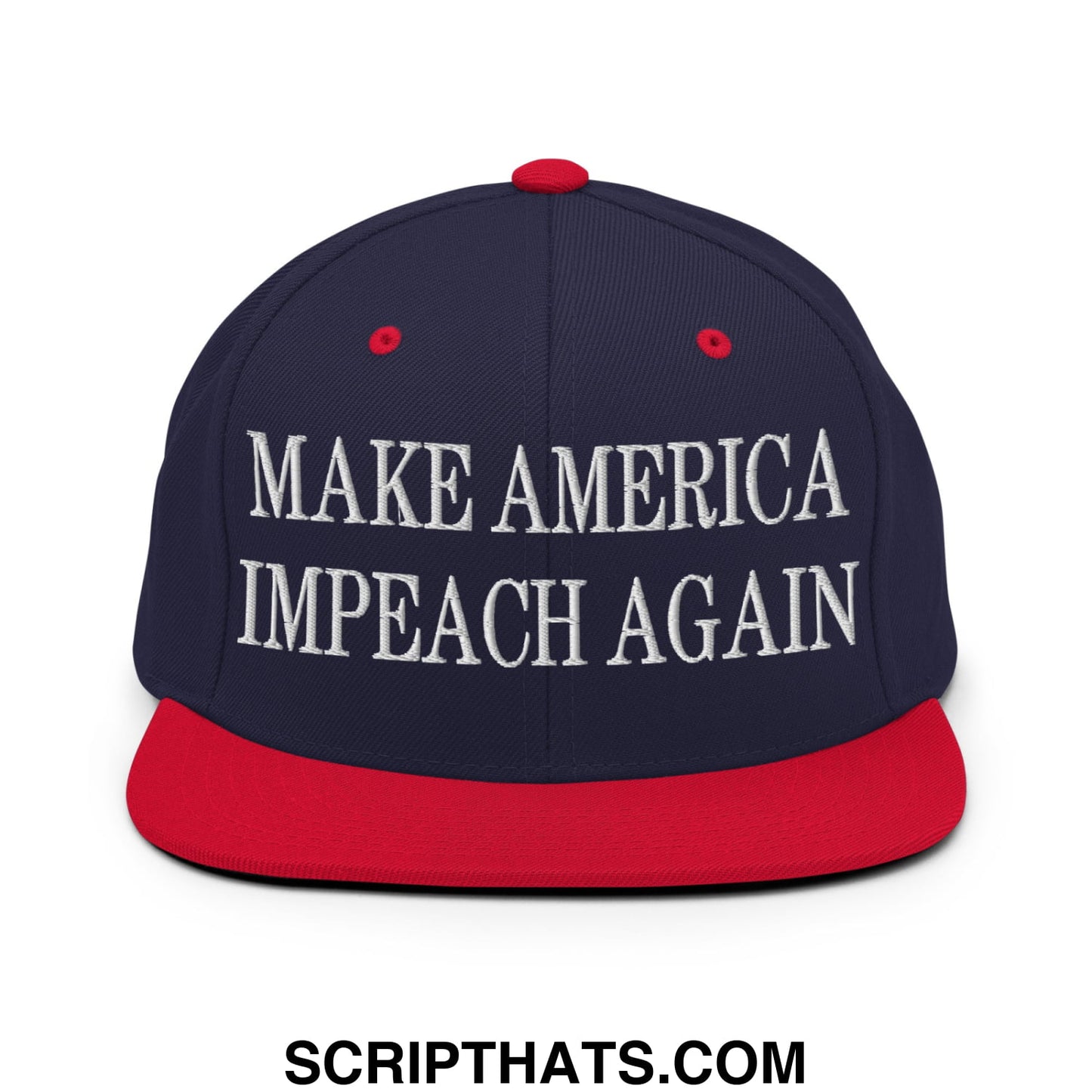 Navy blue and red snapback hat with white embroidered make america impeach again text and flat bill brim design