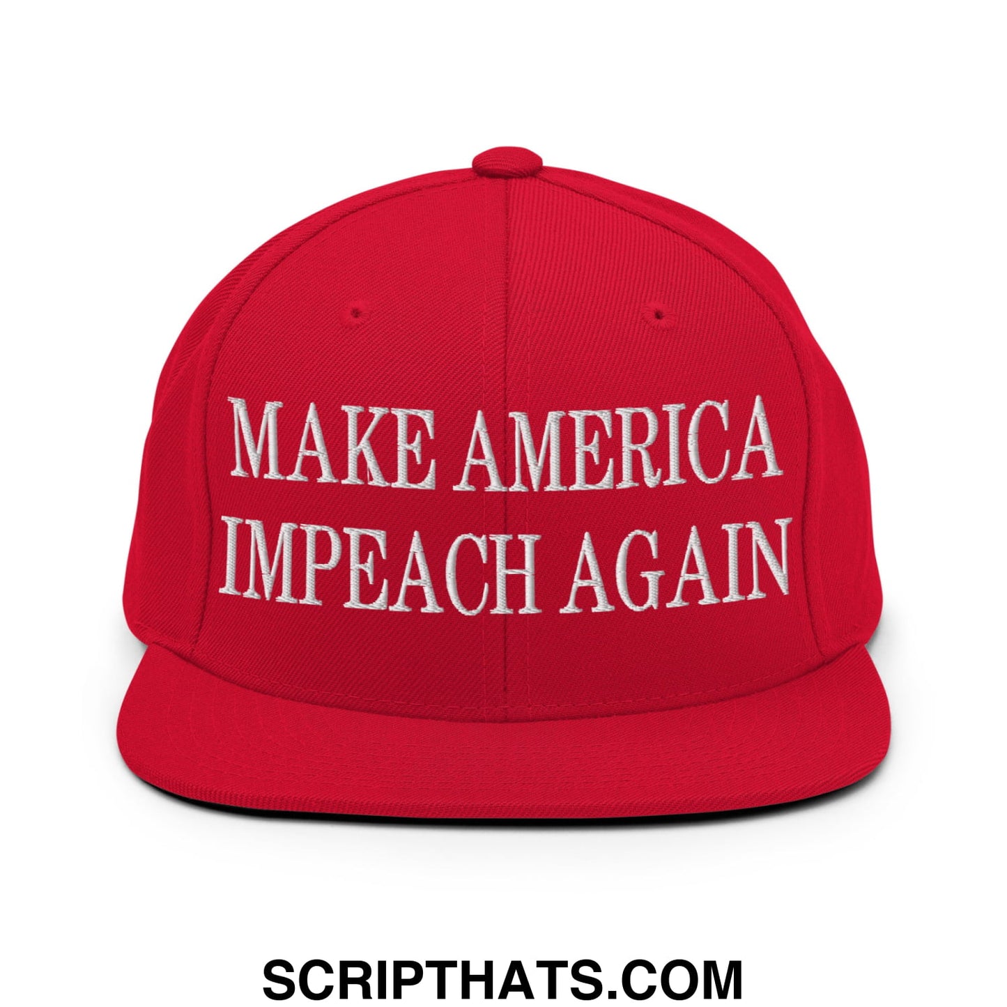 Red snapback cap with white embroidered make america impeach again text and flat bill brim design