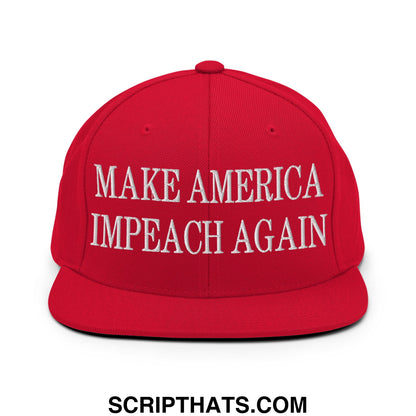 Red snapback cap with white embroidered make america impeach again text and flat bill brim design