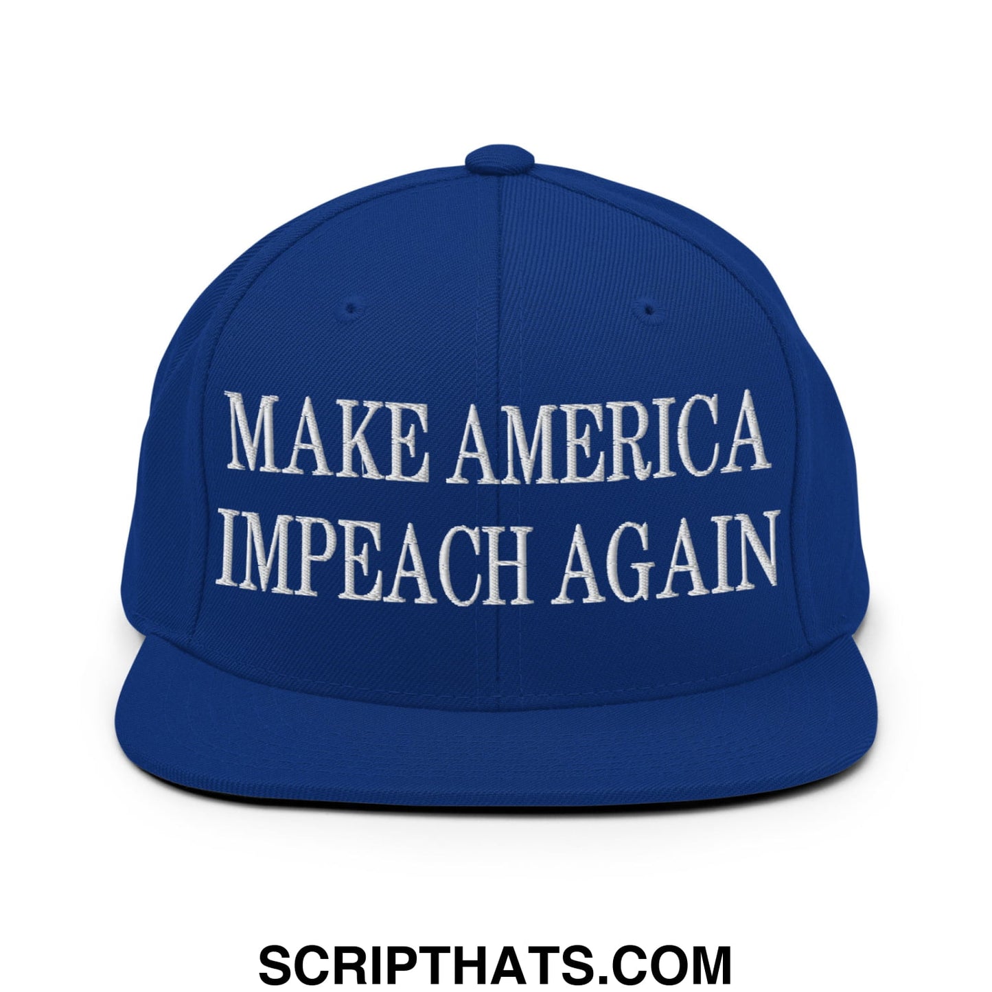 Royal blue snapback hat with white embroidered make America impeach again text and flat bill brim design