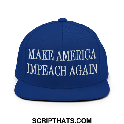 Royal blue snapback hat with white embroidered make America impeach again text and flat bill brim design