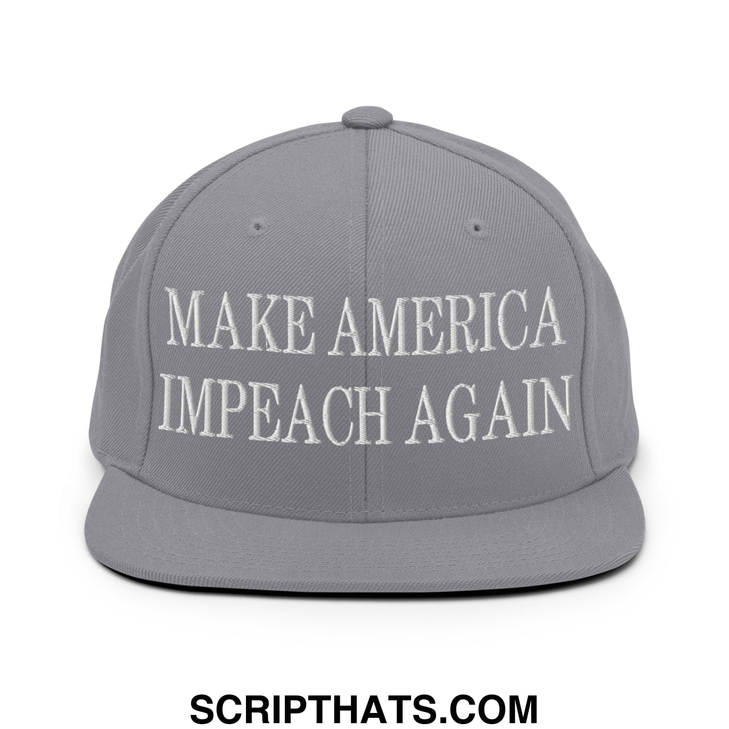 Gray snapback cap with white embroidered make america impeach again text and flat bill brim design