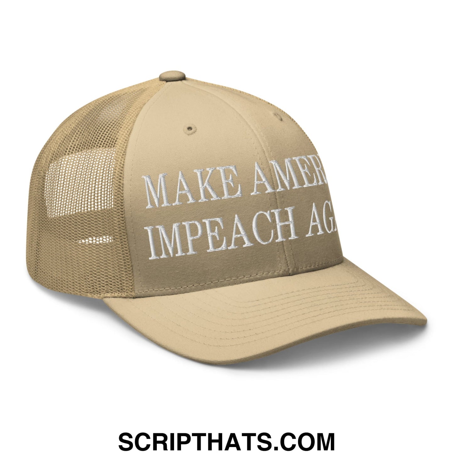 Beige mesh trucker hat with white embroidered make america impeach again text on front panels