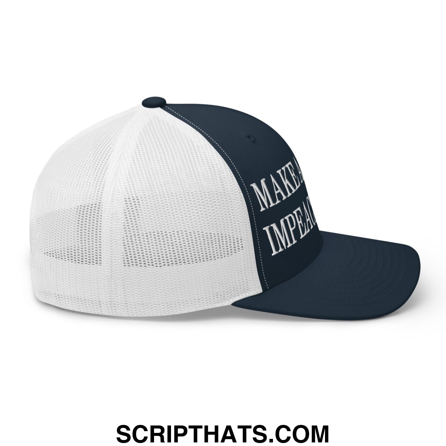 Navy and white mesh trucker hat with make america imperial embroidered in silver thread on front panel