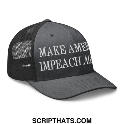 Black mesh trucker hat with white embroidered make america impeach again text on front panel