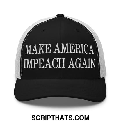 Black and white mesh trucker hat with embroidered make america impeach again text in bold uppercase letters
