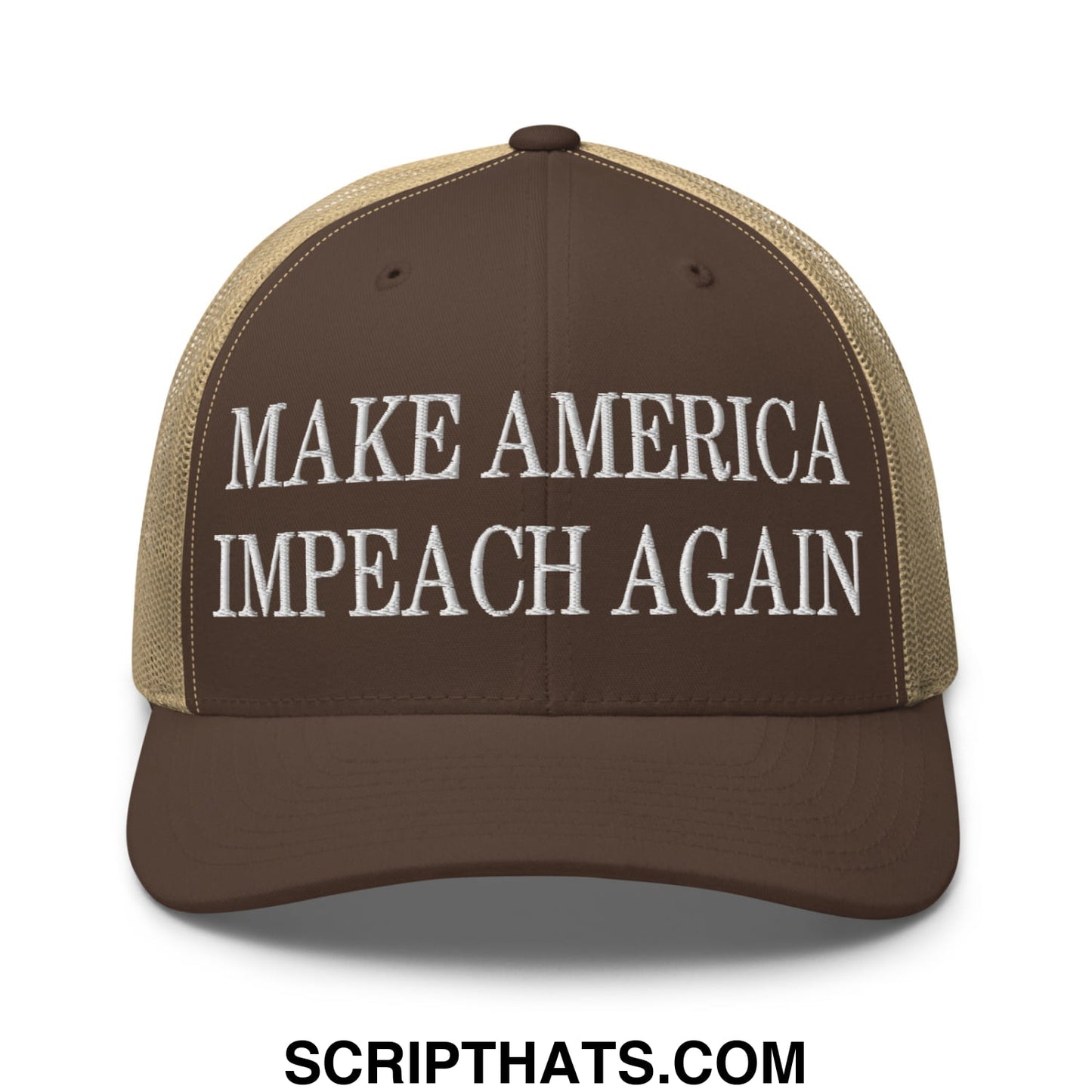 Brown and tan mesh trucker hat with white embroidered text make america impeach again