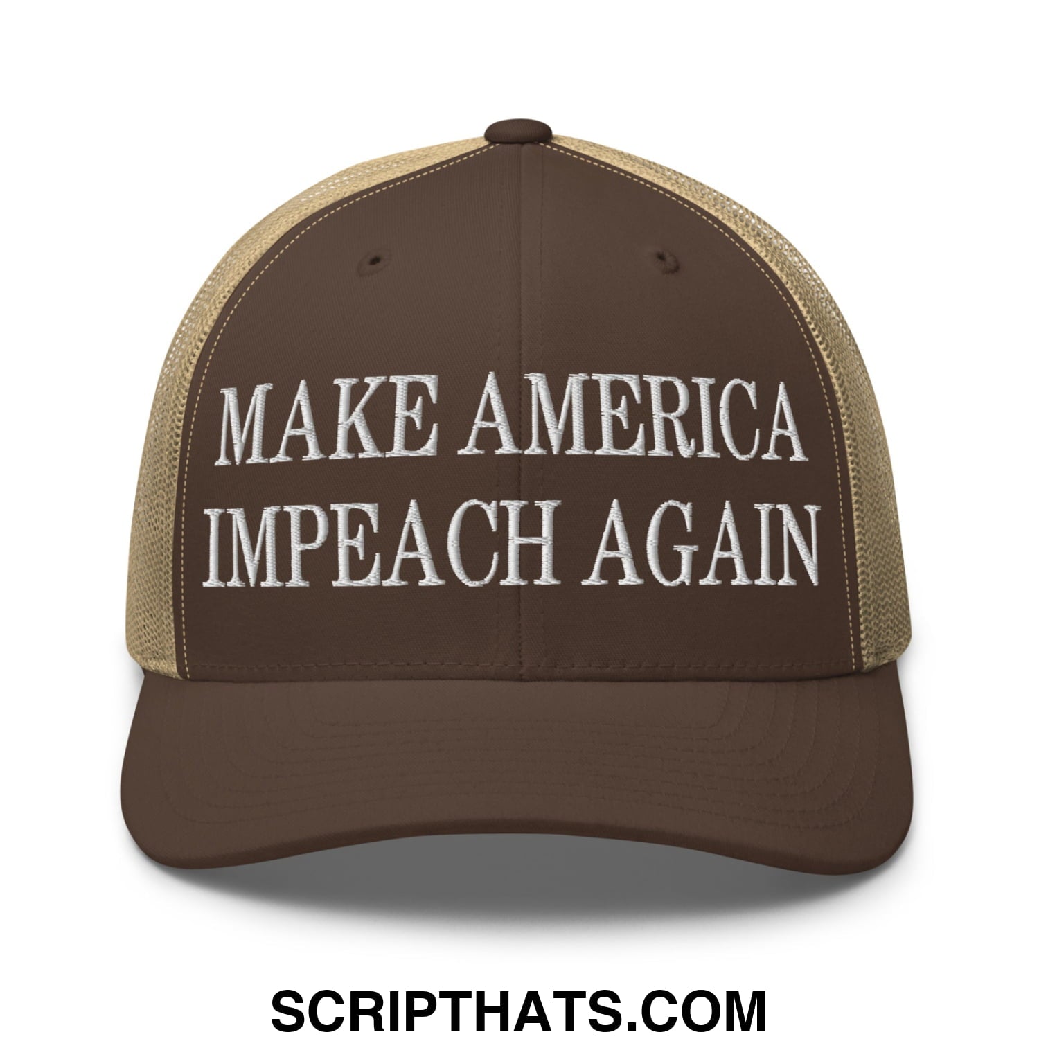 Brown and tan mesh trucker hat with white embroidered text make america impeach again