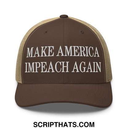 Brown and tan mesh trucker hat with white embroidered text make america impeach again