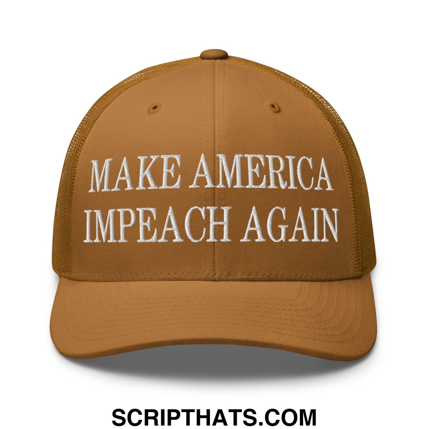 Tan mesh trucker hat embroidered with white make america impeach again text across the front panel