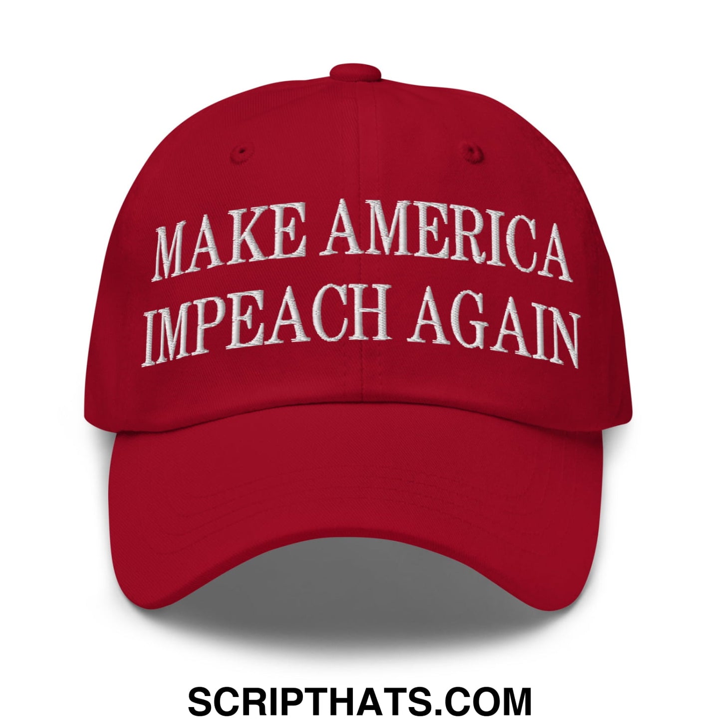 Red embroidered unstructured dad hat with make america impeach again text in white for political statement wear