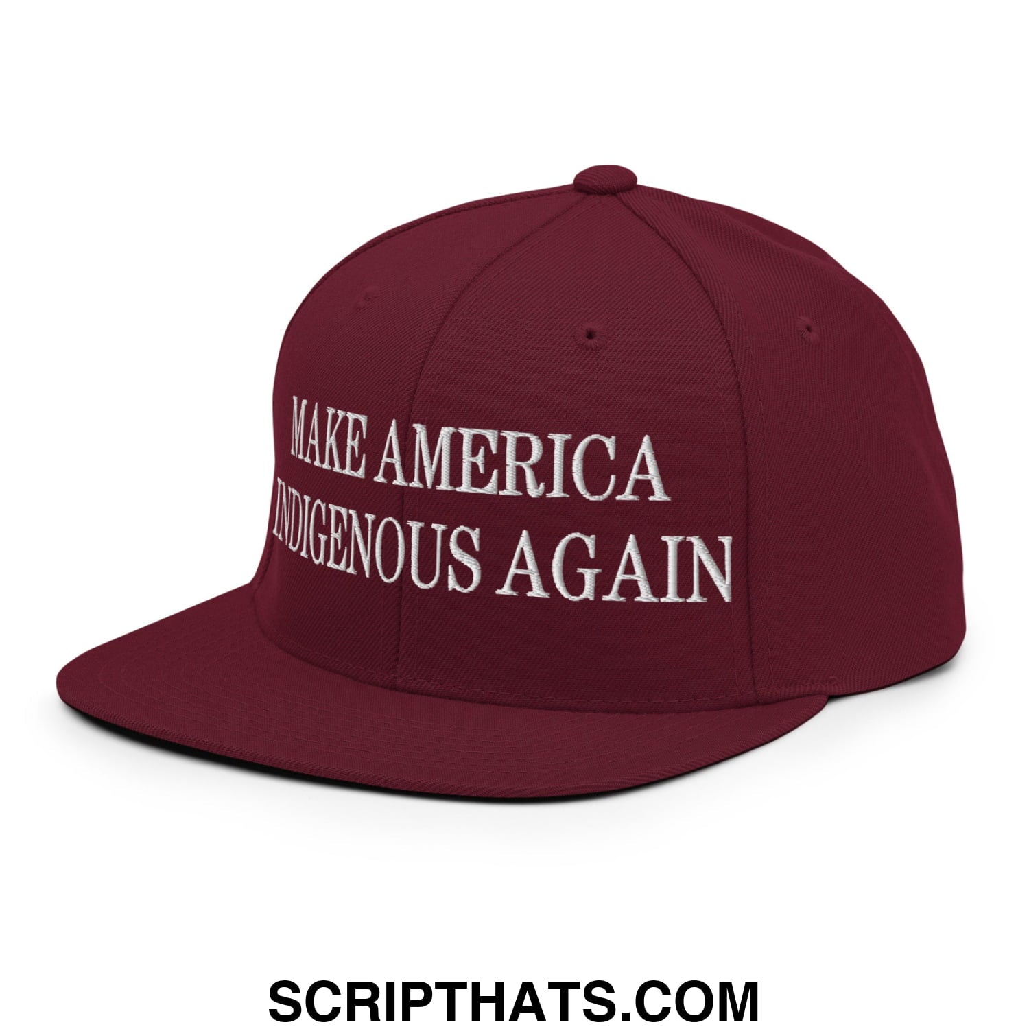 Maroon flat bill brim snapback hat with white embroidered text make america indigenous again