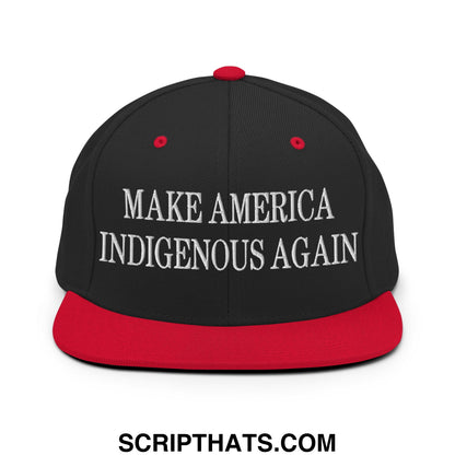 Make america indigenous again embroidered flat bill brim snapback hat in black and red with white text
