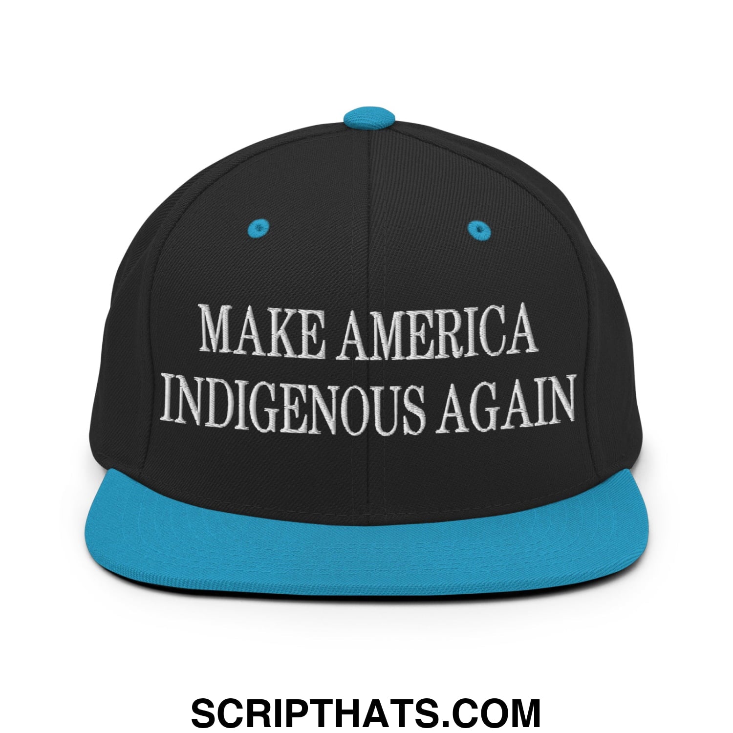 Black snapback cap with teal brim and button featuring white embroidered make america indigenous again text