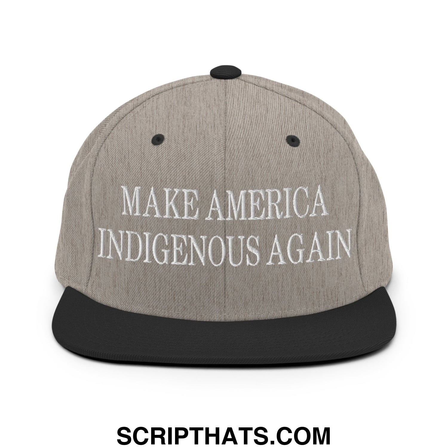 Gray heather snapback cap with black brim and white embroidered text make america indigenous again flat bill hat