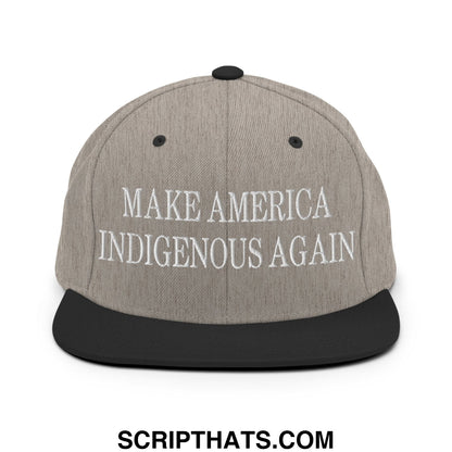 Gray heather snapback cap with black brim and white embroidered text make america indigenous again flat bill hat