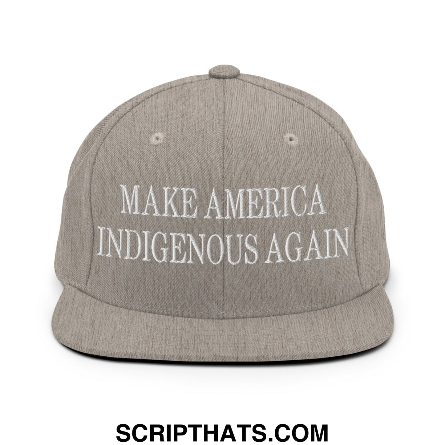 Gray flat bill snapback hat with white embroidered make america indigenous again text for casual wear