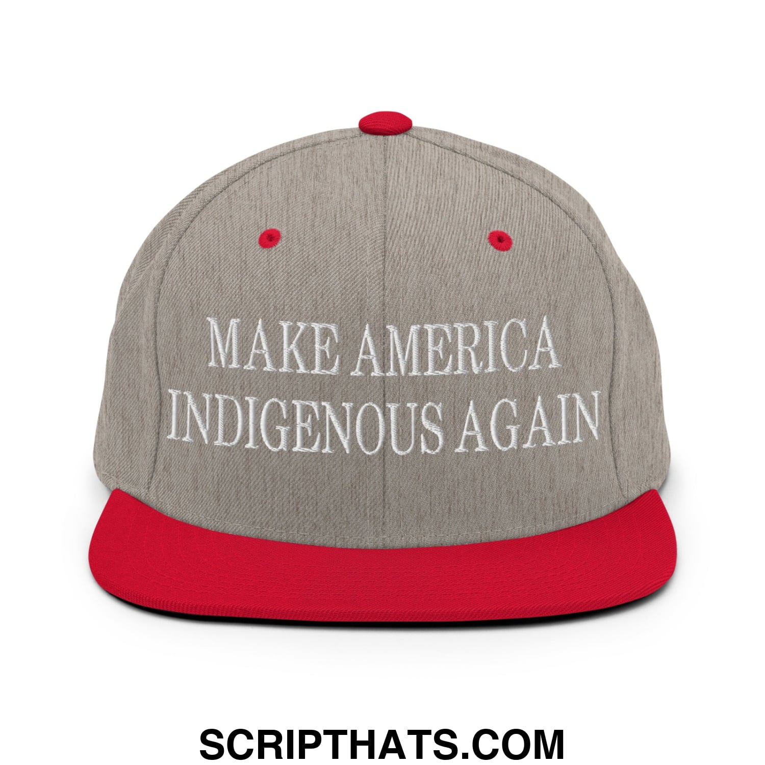 Gray and red snapback cap with white embroidered make america indigenous again text and flat bill brim design