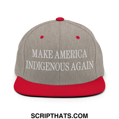 Gray and red snapback cap with white embroidered make america indigenous again text and flat bill brim design