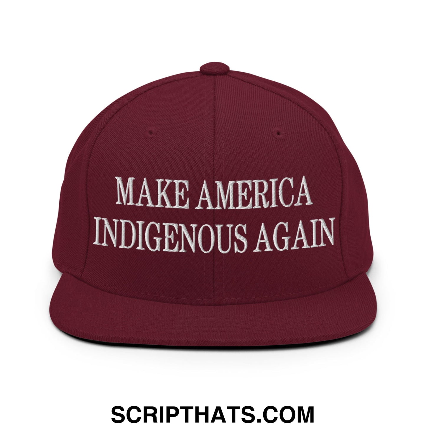 Maroon flat bill brim snapback hat with white embroidered make america indigenous again text for casual wear